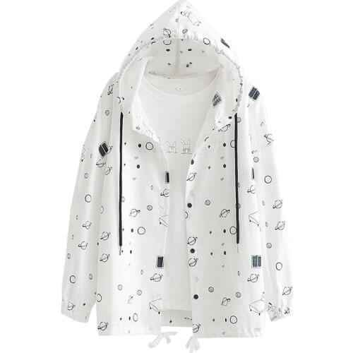 100% Cotton Coat New 2020 Spring Summer Thin Coat Short Hooded Starry Sky Pattern Ladies Sun Protection Cclothing Casual Jacket