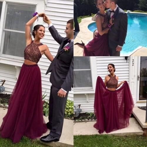 Fashion Two Piece Set A Line Prom Gown Floor Length Sexy Burgundy Tulle Graduation Sparkly Robe de soiree Wedding Party Dress
