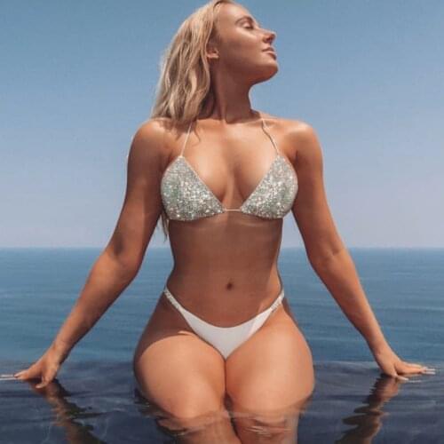 2021 Sexy Rhinestone Push Up Bikini Tanga Low Waist Swimsuit Women 2 Pieces Girls Swimwear Beach Wear Bathing Swim Suit Maillot