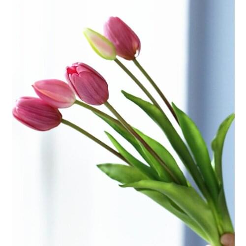 5pcs/Bouquet (3 Flowers+2 Bud) Luxury Silicone Real Touch Tulip High Quality Artificial Flower Wedding Simulation Fake Plant Hom