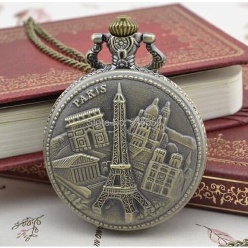 50pcs/lot Eiffel Tower Pocket Watch High Quality Quartz Watch Necklace Gift Watch Factory Price Wholesale