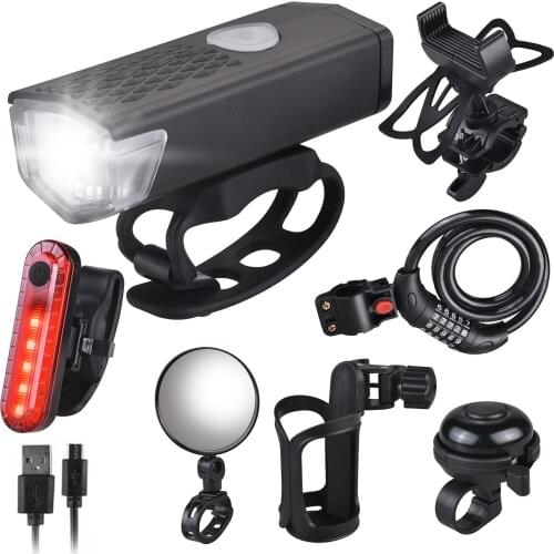 9pc/set 360° Bicycle Mobile Phone Holder USB Charging Bike Lights Set Bike Lock Water Bottle Holder Bike Bell Cycling Mirror