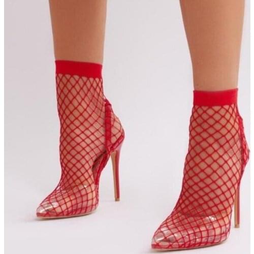 PVC Lace Red Black Nude Pointed Toe Cuts Out Transparent Stiletto Heels Ankle Boots Sexy Slip On Fashion Ankle Boots