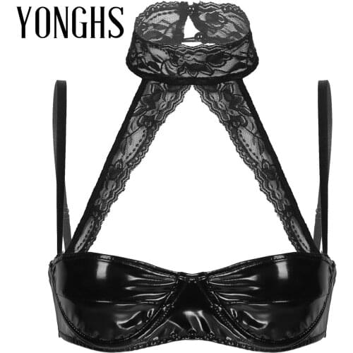 Womens Erotic Lingerie Hot Underwired Bras Lace Halter Neck Patent Leather Bra Top Adjustable Spaghetti Strap Brassiere Clubwear