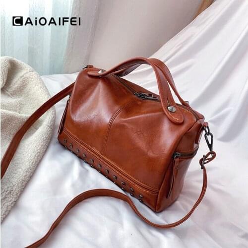 CAIOAIFEI vintage oil wax leather luxury handbags women bags designer zipper decorative boston bag female shoulder crossbody bag