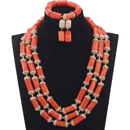 Exclusive African Coral Wedding Beads Jewelry Set Gold Caps Accessories Party Chunky Handemade beads Jewelry Free Shipping QW388