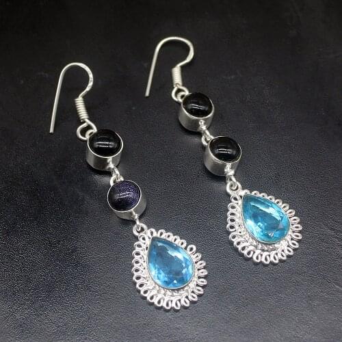 Gemstonefactory Big Promotion Unique 925 Silver Black Sun Sitara Blue Topaz Women Ladies Gifts Dangle Drop Earrings 20211946