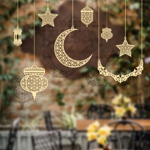 Eid Mubarak Ramadan Decorations DIY Wooden Crafts Handmade Wood Pendant Tray Banner For Islam Muslim Home Ornament Decor