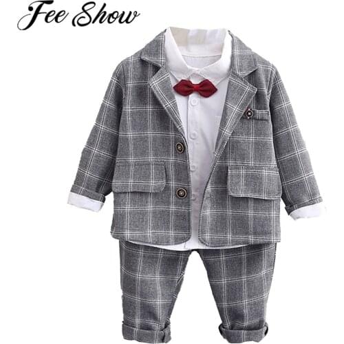 3Pcs Kids Clothing Sets Boys Wedding Suits Plaid Toddlers Gentlemen Suit Set Button Down Shirt Jackets Long Pants Boys Suit