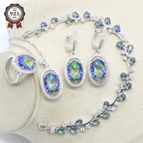 Classic 925 Sterling Silver Rainbow Wedding Jewelry Sets For Women White Topaz Necklace Ring Pendant Bracelets Gift Box