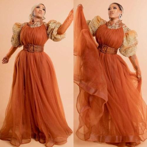 Coral African Evening Dresses High Neck A Line Tulle Beaded Long Sleeve Prom Dress Lace Plus Size Formal Robes De Soirée