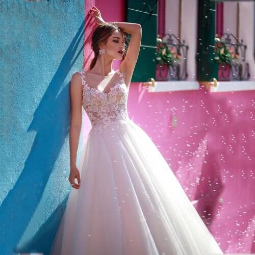 Scoop Appliques Lace Sleeveless Backless Tulle A-Line Wedding Dress Bridal Gown Vestido De Noiva