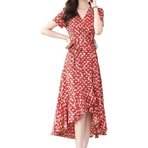 Summer Beach Maxi Dress Women Floral Print Boho Long Chiffon Dress 2021 Ruffles Wrap Casual V-Neck Split Sexy Party Dress Robe