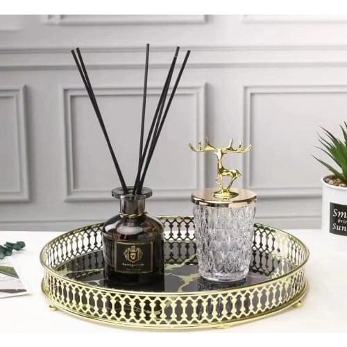 Golden Stroke Storage Tray Marble Texture Glass Mirror Cosmetic Organizer Plate Dressing Table Jewelry Display Trays Home Decor