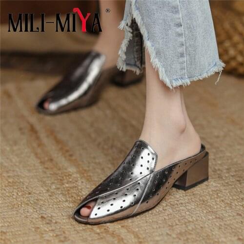 MILI-MIYA Summer Slides Fish Mouth Sandals Women High Quality Genuine Leather Cut Out Hollow Block High Heels Work Casual Shoes