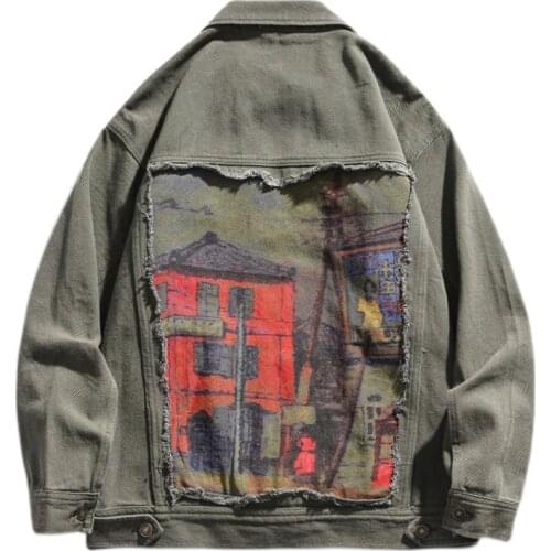 Retro House Print Patchwork Denim Jackets Streetwear Mens Hip Hop Harajuku Casual Jeans Jacket Coats Japanese Fashion Tops 2021