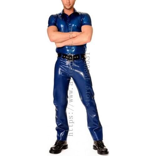 Made of 0.4mm thickness natural & flexible latex bondage tops mens cool dark blue slim latex t-shirt