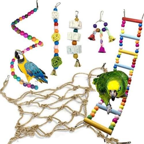 New 6Pcs Birds Pets Parrots Ladders Climbing Toy Hanging Colorful Balls With Natural Wood Rope Net Ladder Cage Swing