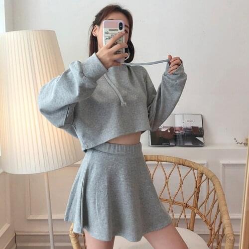 Autumn Korean Preppy Style Two Piece Set Women Hoodies Sweatshirts Crop Top + A Line Skirt Set 2 Piece Outfits Woman Suits XXL