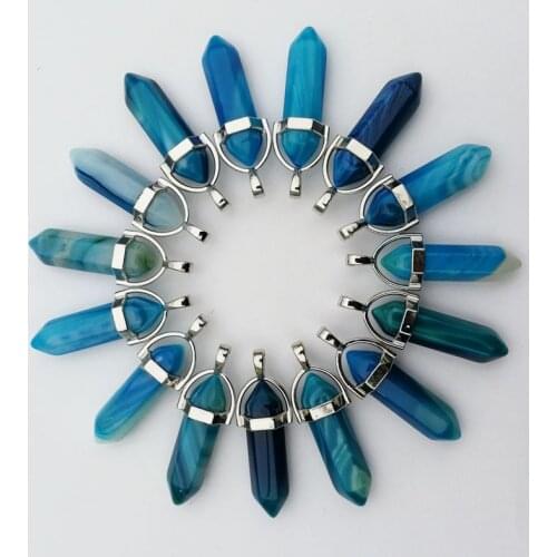 Fashion blue alloy Natural stone crystal pillar Necklace Pendant for making Jewelry charm women diy 12pc/lot Free shipping