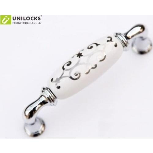 UNILOCKS 10Pcs/lot Zinc Alloy White Ceramic Kitchen 96mm Cabinet And Silver Flower Furniture Door Handle