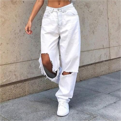 Hollow Out Ripped Straight Jeans Women White Punk Baggy High Waist Boyfriend Denim 90s Korean Oversize Street Pants