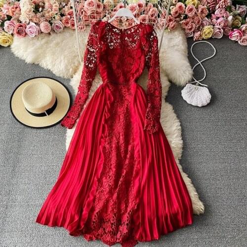 Vintage Women Lace Hollow Out Ruffle Maxi Dress Long Sleeve Bodycon Vestidos New 2021 Autumn Solid Pleated Chiffon Party Dresses