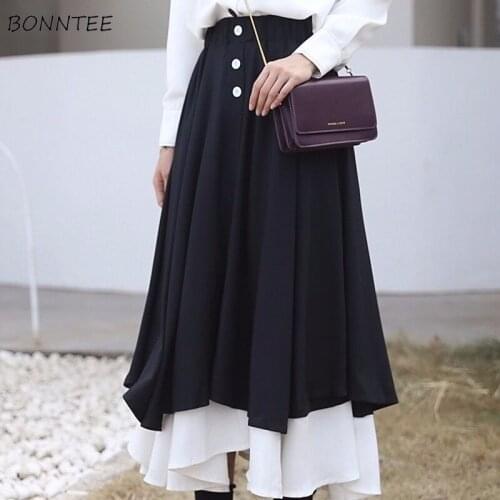 Skirts Women Solid Color Double Layer Vintage Simple Leisure Ladies Elegant Japanese Style All-match Spring Autumn Ins Popular