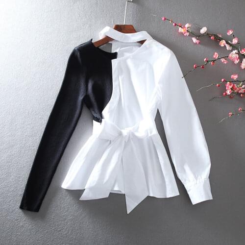 Womens Spring Autumn Designer Black Knitted Patchwork White Cotton Shirt Female Long Sleeve Casual Loose T Shirt Top TB446