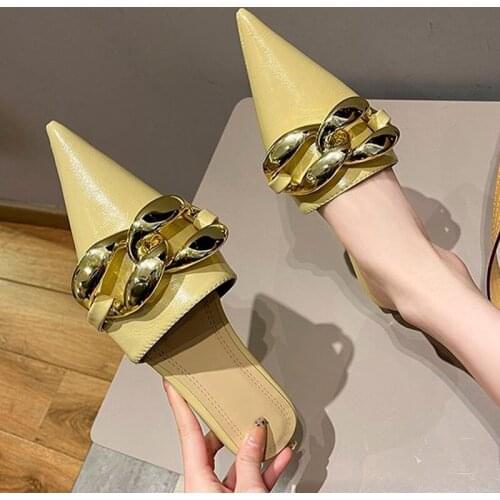 Womens 2021 New Slippers Fashion Ladies PU Leather Flat Slipper Pointed Toe Chain Women Sexy Sndals Female Footwear Hot