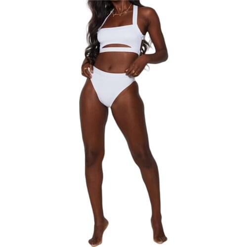 Meihuida 2021 Women’s Sexy Two Piece Bikini Suits Fashion Solid Color Hollow Suspender Tops and High Waist Thong Swimwear