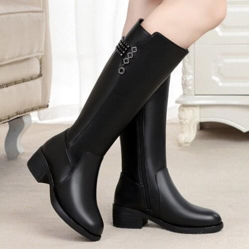 Winter Plus Velvet Wool Lady High Heel Boots Mother Shoes Woman Keep Warm Female Snow Boot Genuine Leather Women Knee High Boots