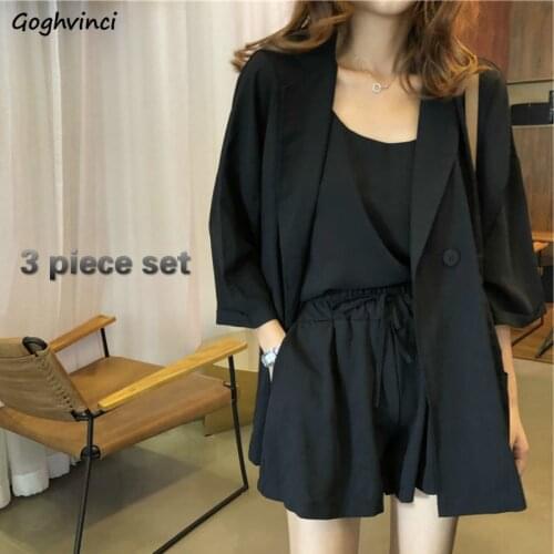 Women Sets Simple Elegant Basic Summer Black Ladies 3 Piece Outfits Leisure Chic Korean Outwear Wide-leg Soft All-match Shorts