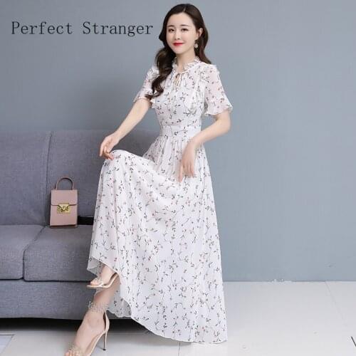 2021 Summer New Arrival Hot Sale Bow Collar Short Sleeve Flower Printed Women Long Chiffon Dress