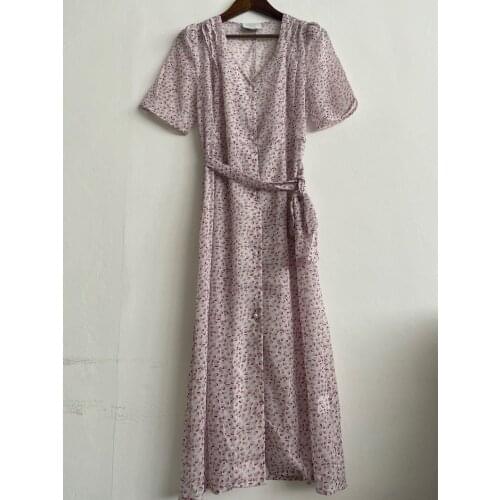 Women Dress 2020 Summer New V-neck Peach Heart Print High Waist Lace Short Sleeve Midi Dress