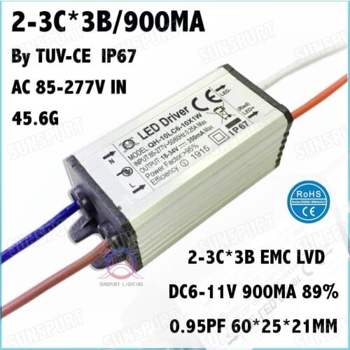 5 Pcs By TUV-CE IP67 PF 10W AC85-277V LED Driver 2-3x3B 900mA DC5-11V Constant Current LED Power For LED Spotlight Free Shipping