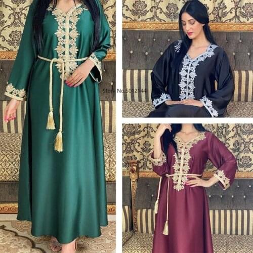 Mubarak Eid Satin Dress for Women Fashion Muslim Ethnic Embroidery Gilding Jalabiya Dubai Arabic Moroccan Kaftan Robe