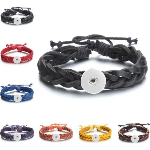 Adjustable Snap Jewelry 18/20mm Handmade Braided Leather Bracelet Watches Women Mens Arm Cuff Button Bangle