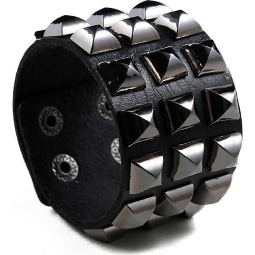 Punk Rock Men Gothic Wide Bracelet Fashion Cuff Leather Black Rivets Stud Charm Biker Wristband Wrap Bangle Unisex Women Jewelry