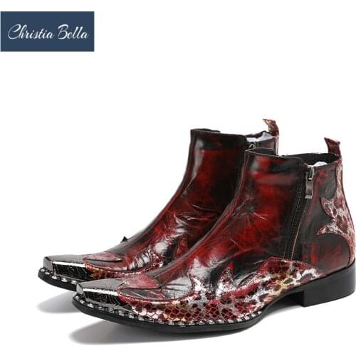 Designer Patchwork Genuine Leather Men Boots Metal Square Toe Party Men Ankle Boots Zipper Slip on Motorcycle Short Boots Botas