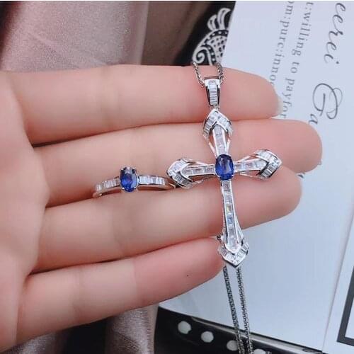 Good gift beautiful cross necklace blue sapphire ring and necklace jewelry set natural gem 925 sterling silver God christ