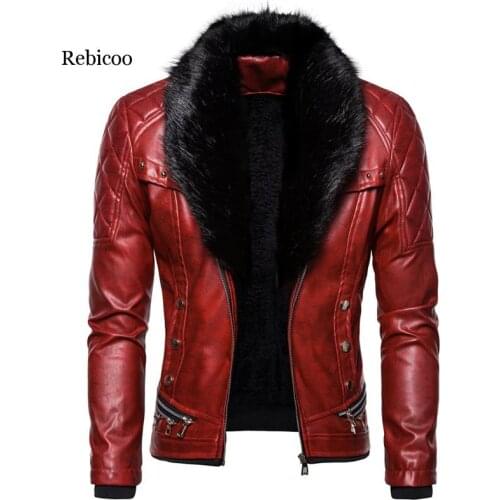 Rebicoo Punk Leather Jacket Men Thick Rivet Design Motorcycle Biker Leather Jacket Male Fur Collar Windproof Coat