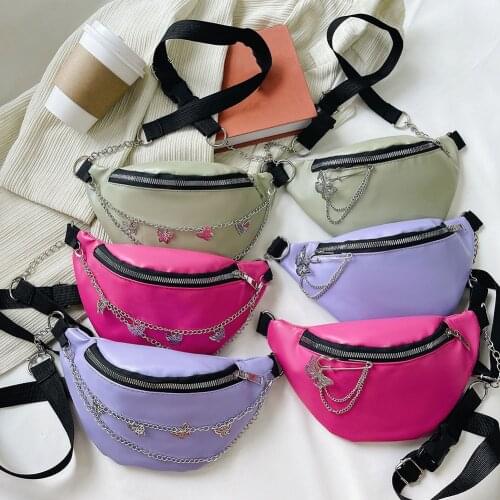 Fashion Waist Bag PU Leather Fanny Pack Shoulder Bag Ladies Butterfly Chain Waist Pack Bag Women Vintage Belt Bag Casual Chest
