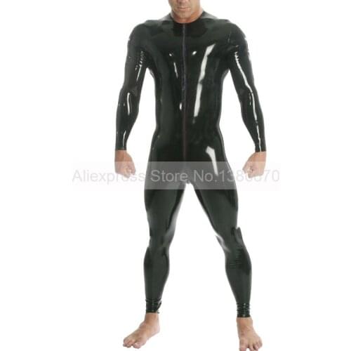 Front Zip Male Rubber Latex Catuit with O-neck Solid Black Tight Bodysuit S-LCM134