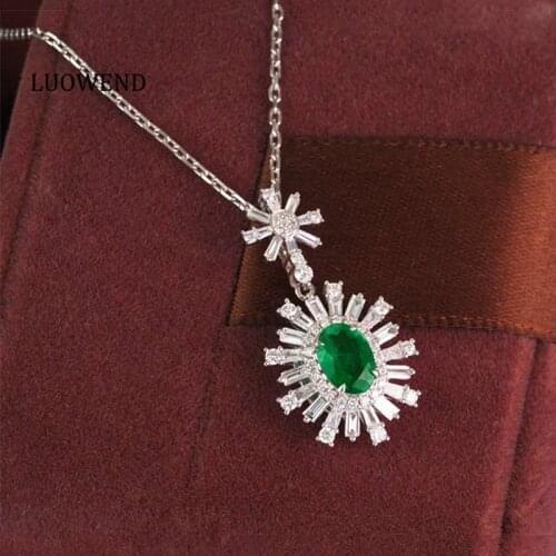 LUOWEND 18K Solid White Gold Pendant Necklace Real Gemstone Natural Emerald Diamond Women Engagement Necklace Cocktail Jewelry