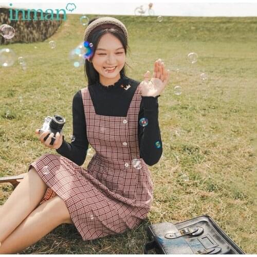 INMAN Autumn Winter Check Pleated Square Collar Literary Decorative Buckle Pleated Waist A-line Dress