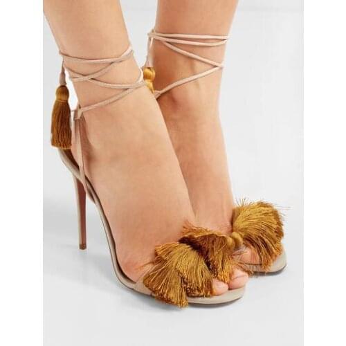 Carpaton Sexy Lace up High Heel Sandals Summer Thin Heels Tassel Shoes Woman Open Toe Cutouts Gladiator Sandals