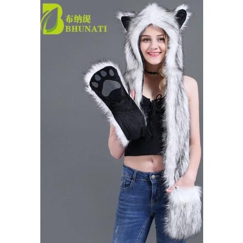 Faux Fur Hood Animal Hat Ear Flaps Hand Pockets Animal Hood Hat Wolf Plush Warm Animal Cap with Scarf Gloves