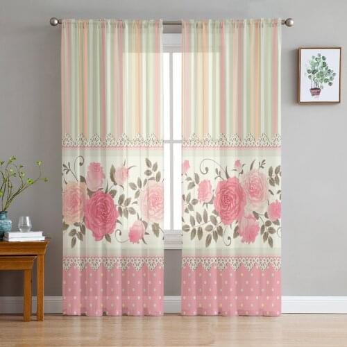 Rose Flower Pink Stripe Window Curtains for Living Room Kitchen Door Curtain Sheer Curtains for Bedroom