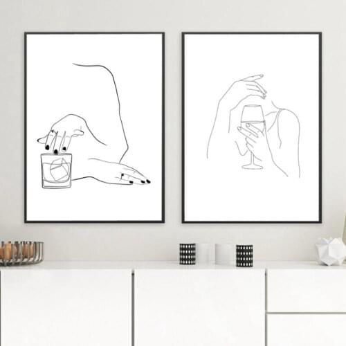 Wine Woman Hands Line Drawing Art Print ,Whiskey Feminine Art Poster Vintage Cocktail Canvas Painting ,Whiskey Wine Lover Gift